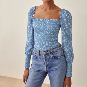 Reformation Blue Floral Smocked Pinto Top in Lassen